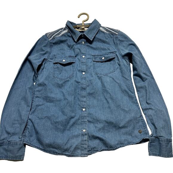 ROXY Western Shirt Size S Blue Button Up Long Sleeve 100% Cotton MISSING BUTTON - Picture 1 of 8